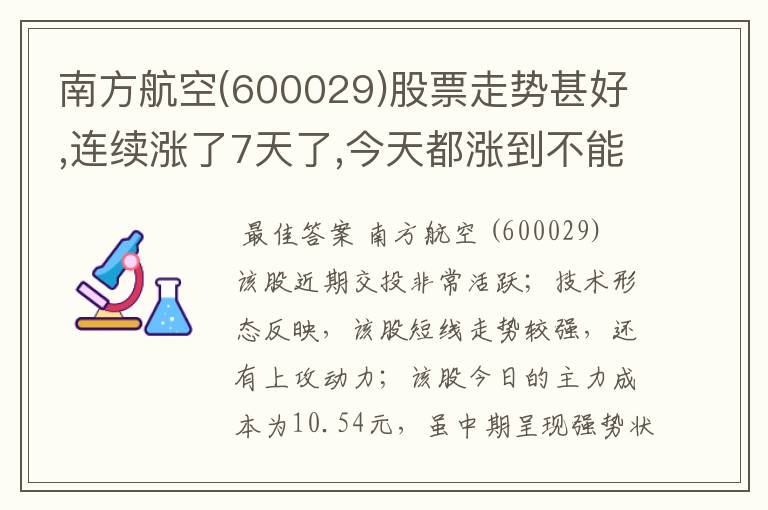 南方航空(600029)股票走势甚好,连续涨了7天了,今天都涨到不能再涨了,不知道以后的走势会怎样?